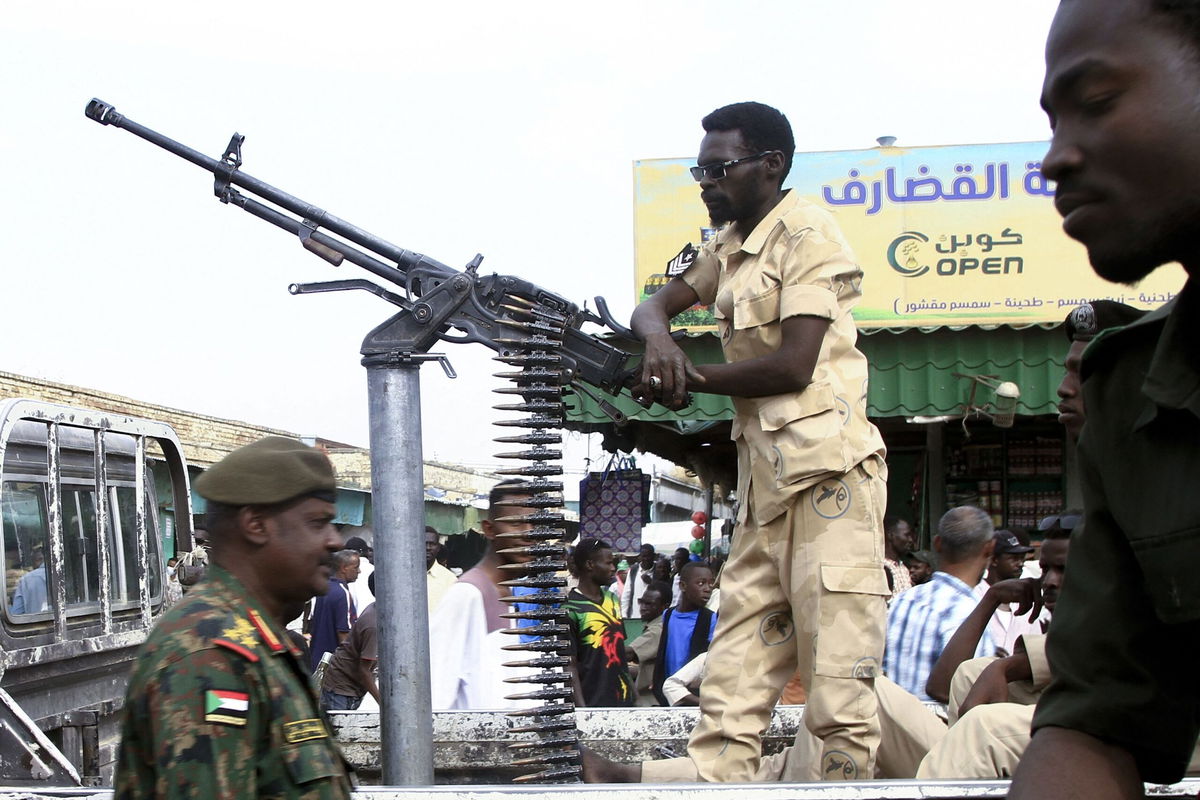 <i>EBRAHIM HAMID/AFP/AFP via Getty Images via CNN Newsource</i><br/>Sudanese security forces patrol in a commercial district in Gedaref city in eastern Sudan on April 3.