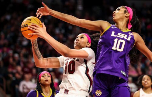 South Carolina Gamecocks center Kamilla Cardoso drives past LSU Lady Tigers forward Angel Reese in the first half at Colonial Life Arena on February 12