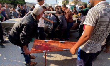 The scene outside Al-Aqsa Martyrs Hospital as victims from the strike on Gaza’s Al-Maghazi refugee camp arrive.