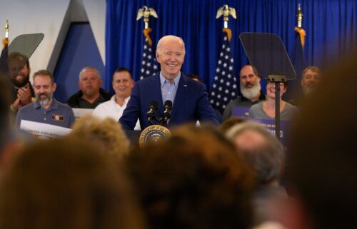 President Joe Biden speaks to members of the United Steelworkers union in Pittsburgh on April 17.