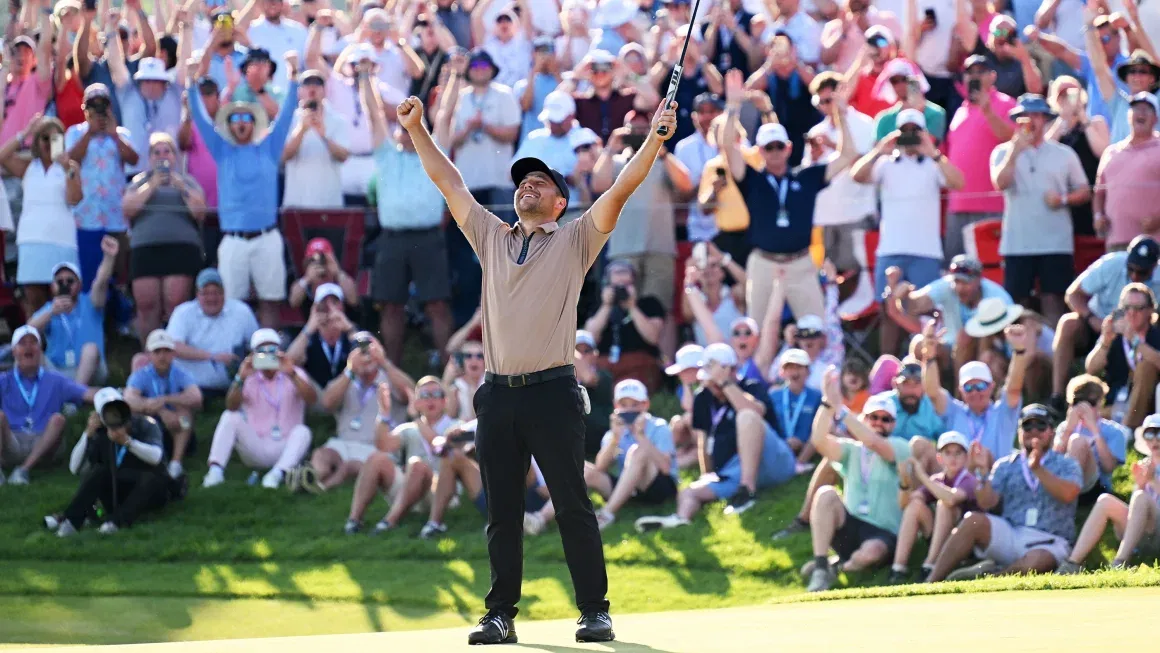 Xander Schauffele of the United States celebrates after winning the 2024 PGA Championship at Valhalla Golf Club in Louisville, Kentucky.