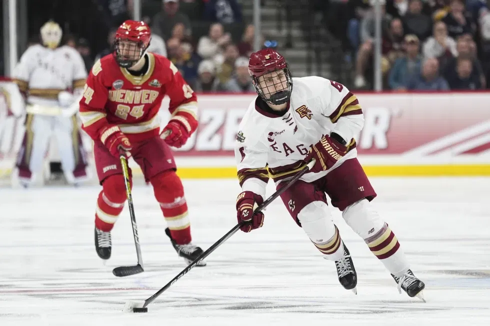 Boston College forward Will Smith (6) skates down ice with the puck ahead of Denver forward Kieran Cebrian (24) during the third period in the championship game of the Frozen Four NCAA college hockey tournament, April 13, 2024, in St. Paul, Minn. The San Jose Sharks signed prized prospect Smith to a three-year entry-level contract on Tuesday, May 28, after one stellar season at Boston College