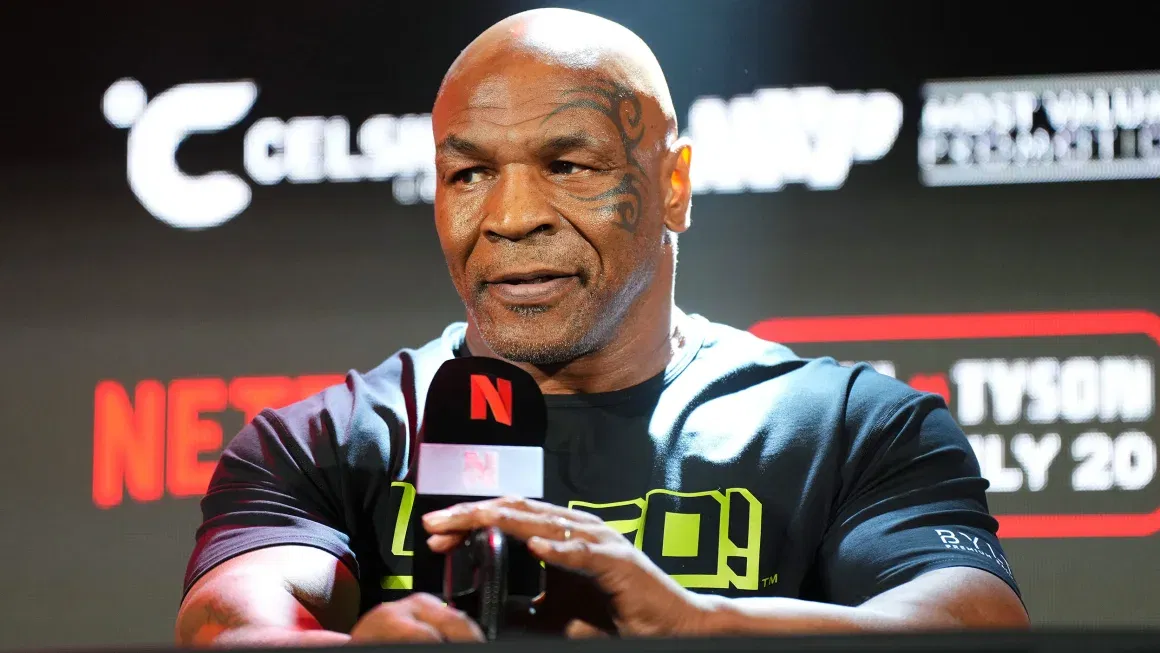 Mike Tyson speaks during a May 16 news conference in Texas about his July bout with Jake Paul.