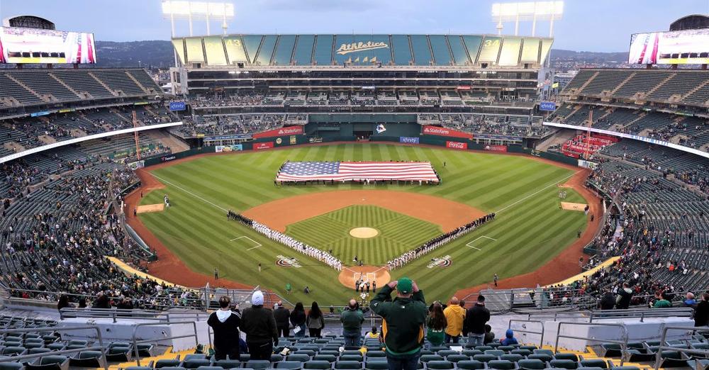 OAKLAND, CALIFORNIA - MARCH 28: A general view during the national anthem before the Oakland Athletics game against the Cleveland Guardians at Oakland Coliseum on March 28, 2024 in Oakland, California. 