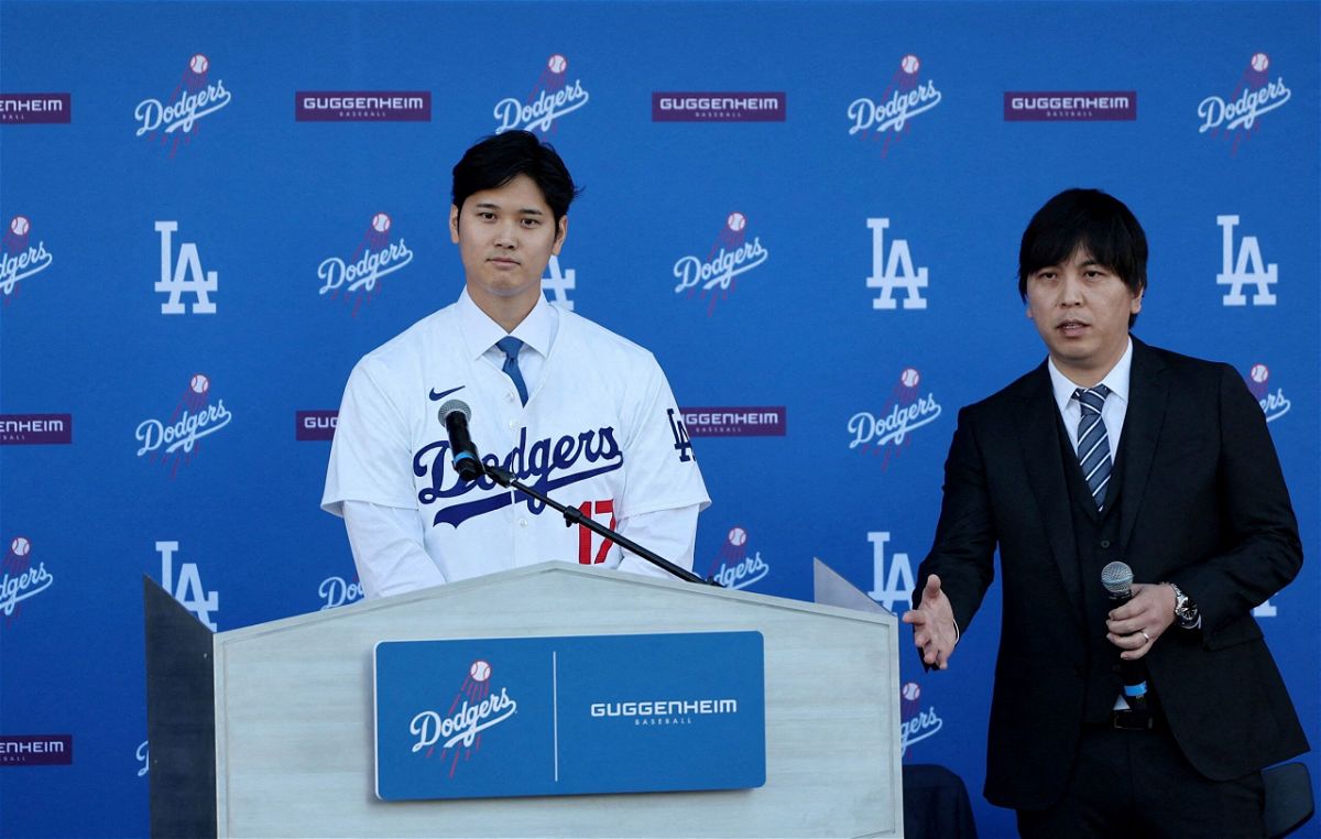 Shohei Ohtani with interpreter Ippei Mizuhara during the press conference on  December 14, 2023 in Los Angeles, California.