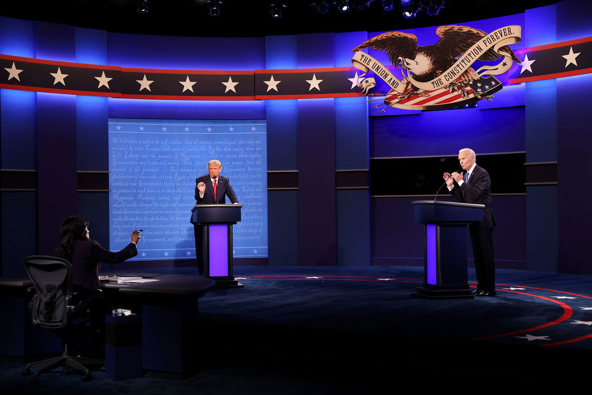 <i>Justin Sullivan/Getty Images via CNN Newsource</i><br/>President Joe Biden and Donald Trump participate in the final presidential debate in October 2020 in Nashville