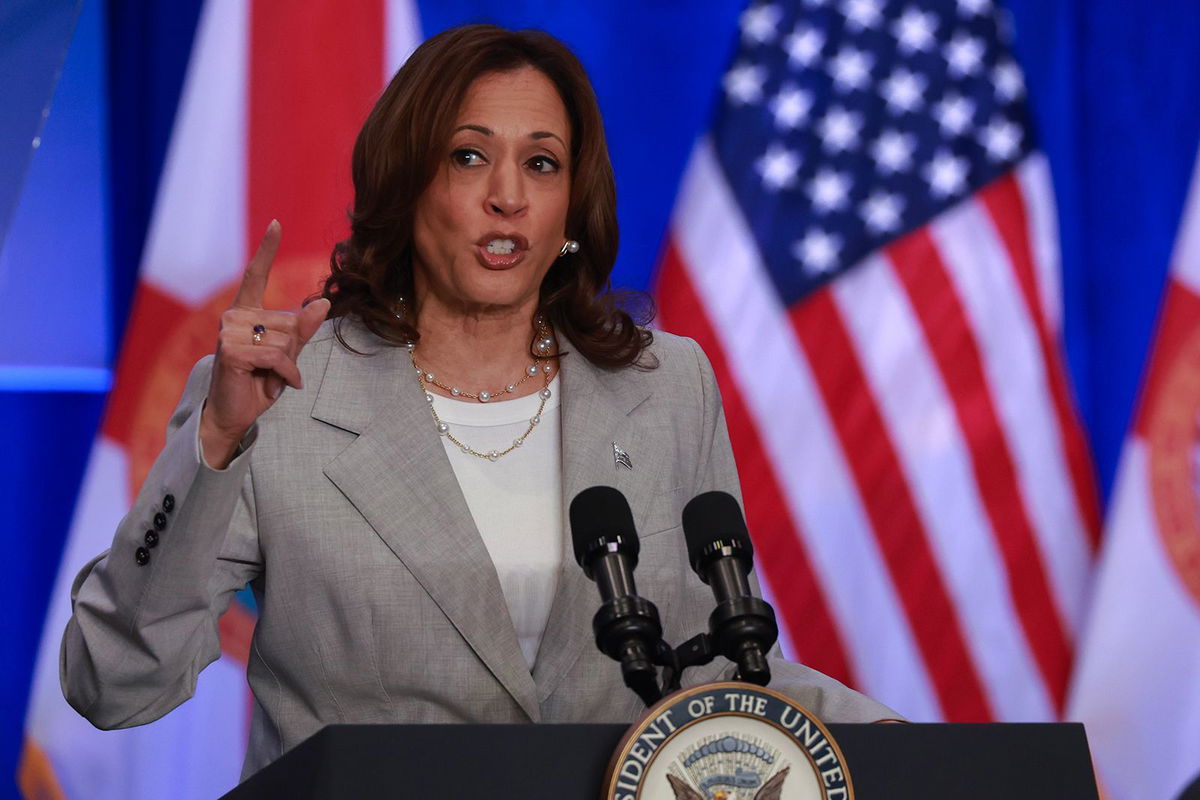 <i>Joe Raedle/Getty Images North America/Getty Images via CNN Newsource</i><br/>Vice President Kamala Harris speaks about Florida’s new 6-week abortion ban during an event at the Prime Osborn Convention Center on May 1