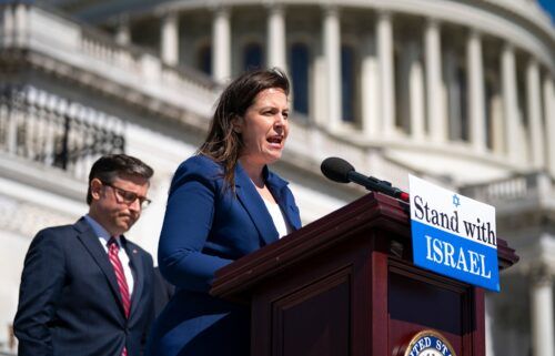 Rep. Elise Stefanik with House Speaker Mike Johnson at a news conference outside the US Capitol in Washington on May 16.