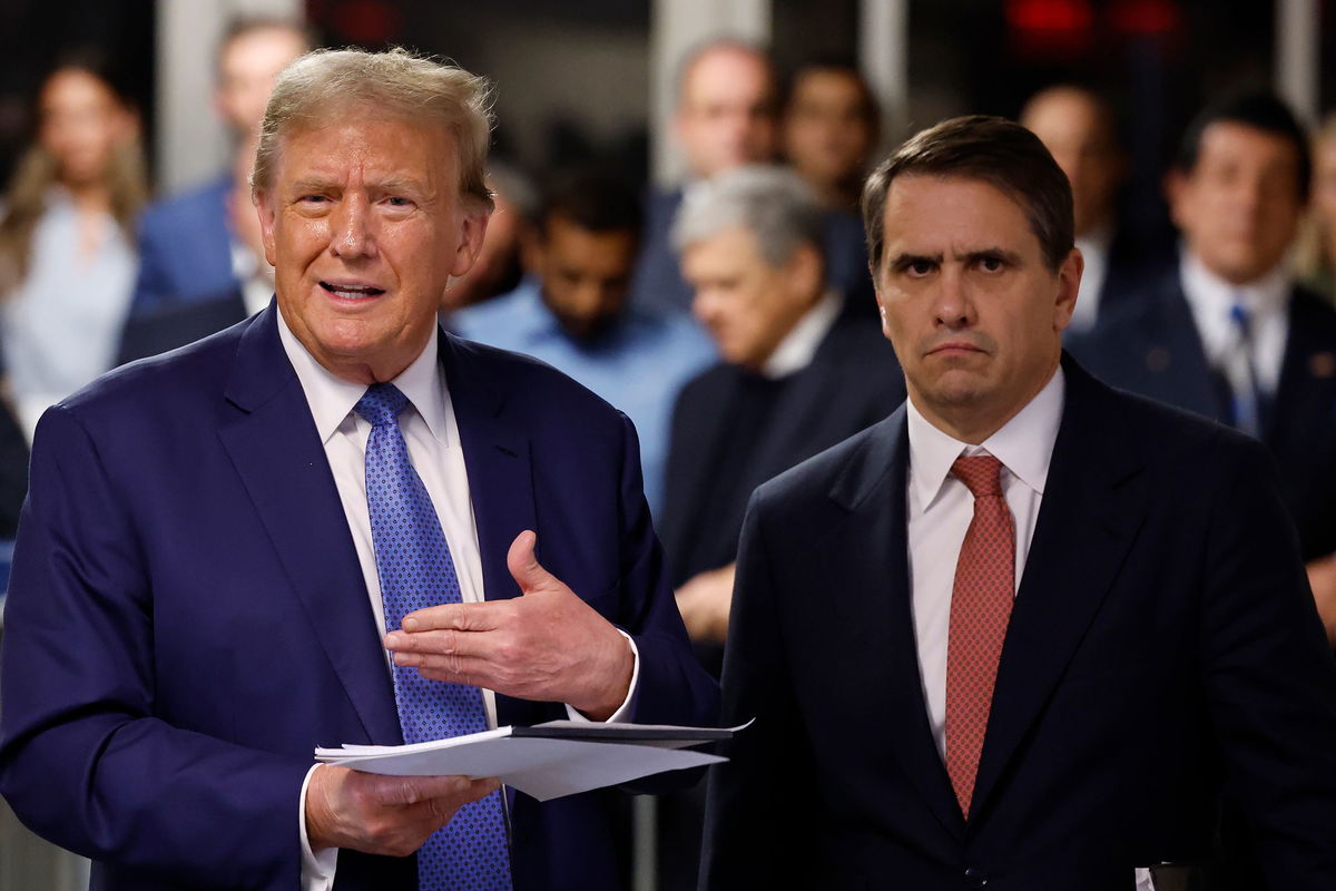 <i>Michael M. Santiago/Getty Images via CNN Newsource</i><br/>Former U.S. President Donald Trump speaks after exiting the courtroom alongside his attorney Todd Blanche during his hush money trial at Manhattan Criminal Court on May 20 in New York City. The defense rested its case in Trump’s criminal hush money trial on Tuesday.