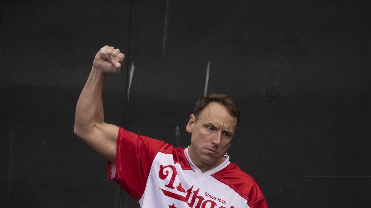 Joey Chestnut enters the 2023 Nathan's Famous Fourth of July hot dog eating contest in the Coney Island section of the Brooklyn borough of New York, Tuesday, July. 4, 2023