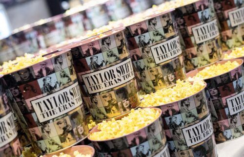 Popcorn buckets are pictured during the "Taylor Swift: The Eras Tour" concert movie world premiere at AMC The Grove in Los Angeles in 2023.