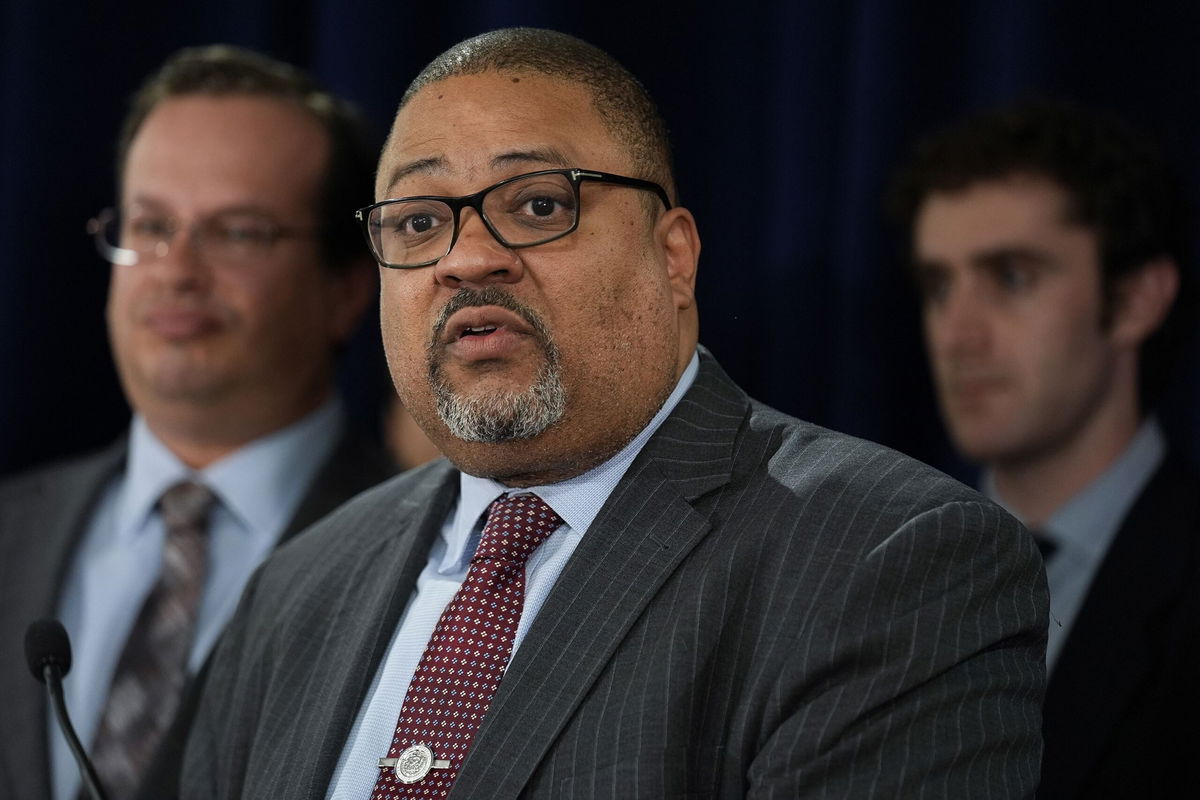 <i>Seth Wenig/AP via CNN Newsource</i><br/>Manhattan District Attorney Alvin Bragg speaks to the media after a jury found former President Donald Trump guilty on 34 felony counts of falsifying business records on May 30