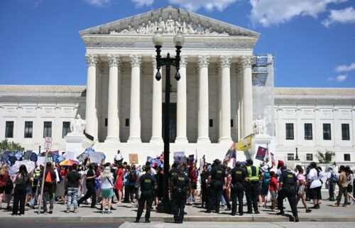 Reproductive rights activists demonstrate in front of the US Supreme Court on June 24.