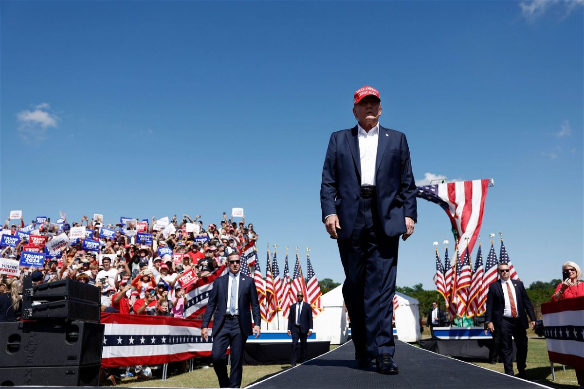 <i>Anna Moneymaker/Getty Images via CNN Newsource</i><br/>Former President Donald Trump arrives for campaign rally at Greenbrier Farms on June 28 in Chesapeake