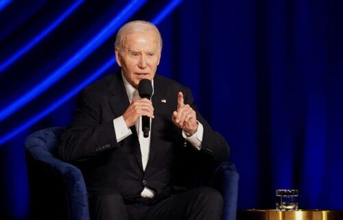 President Joe Biden takes part in a conversation with former U.S. President Barack Obama (not pictured) during a star-studded campaign fundraiser at the Peacock Theater in Los Angeles