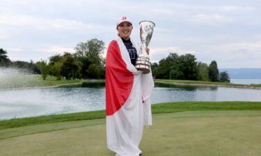 Furue putting on the 16th during the final round of the Evian Championship. She would birdie the hole and go on to win the title with a dramatic 18th hole eagle to win by a single stroke.