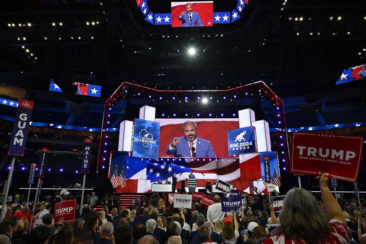 <i>Bernadette Tuazon/CNN via CNN Newsource</i><br/>Republican delegates listen during the first day of the convention at Fiserv Forum in Milwaukee