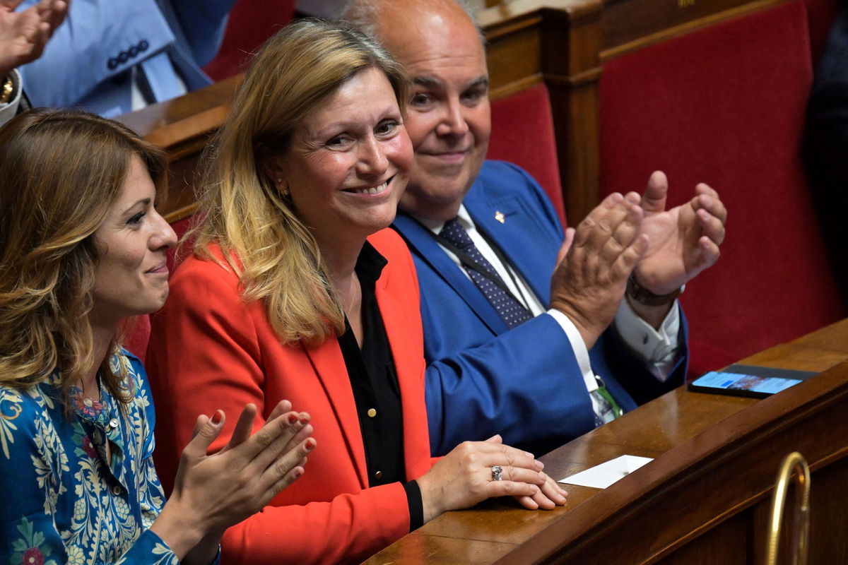 <i>Bertrand Guay/AFP/Getty Images via CNN Newsource</i><br/>Braun-Pivet reacts after being reelected at the French National Assembly in Paris on July 18