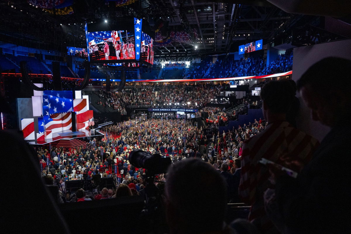 <i>Will Lanzoni/CNN via CNN Newsource</i><br/>The colors are presented at the start of day four of the 2024 Republican National Convention hosted at the Fiserv Forum in Milwaukee