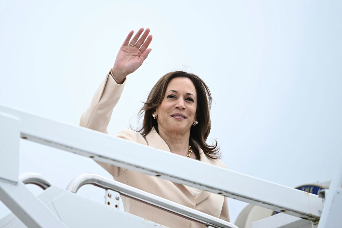 <i>Jon Cherry/Reuters via CNN Newsource</i><br/>Vice President Kamala Harris walks to board Air Force Two at Indianapolis International Airport in Indianapolis