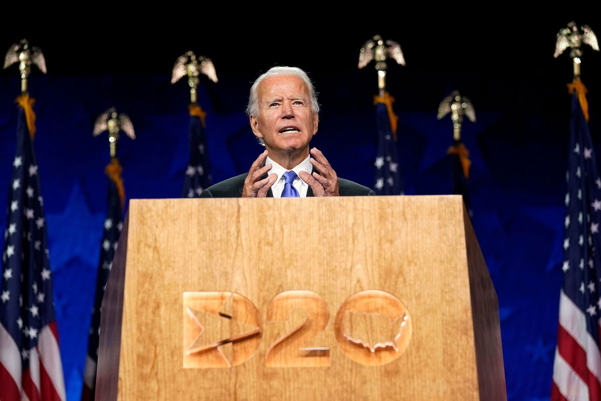 <i>Andrew Harnik/AP via CNN Newsource</i><br/>Joe Biden speaks during the fourth day of the Democratic National Convention on August 20