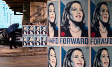 Posters of Vice President Kamala Harris in the Loop neighborhood of Chicago ahead of the Democratic National Convention.