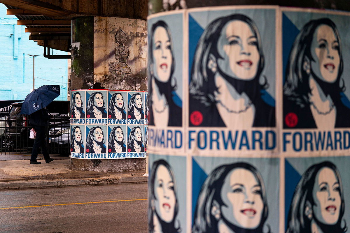 <i>Al Drago/Bloomberg/Getty Images via CNN Newsource</i><br/>Posters of Vice President Kamala Harris in the Loop neighborhood of Chicago ahead of the Democratic National Convention.