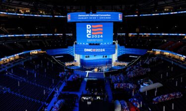 The stage is prepared at the United Center ahead of the Democratic National Convention in Chicago on August 15.