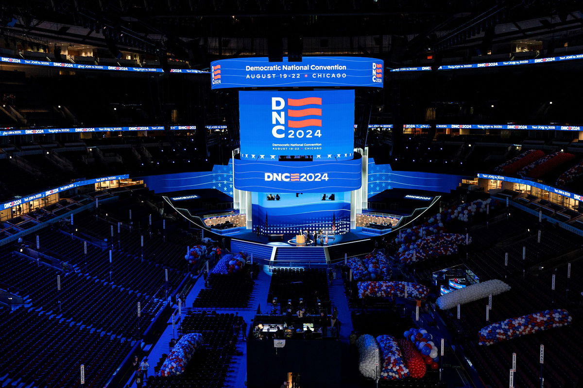 <i>Al Drago/Bloomberg/Getty Images via CNN Newsource</i><br/>The stage is prepared at the United Center ahead of the Democratic National Convention in Chicago on August 15.