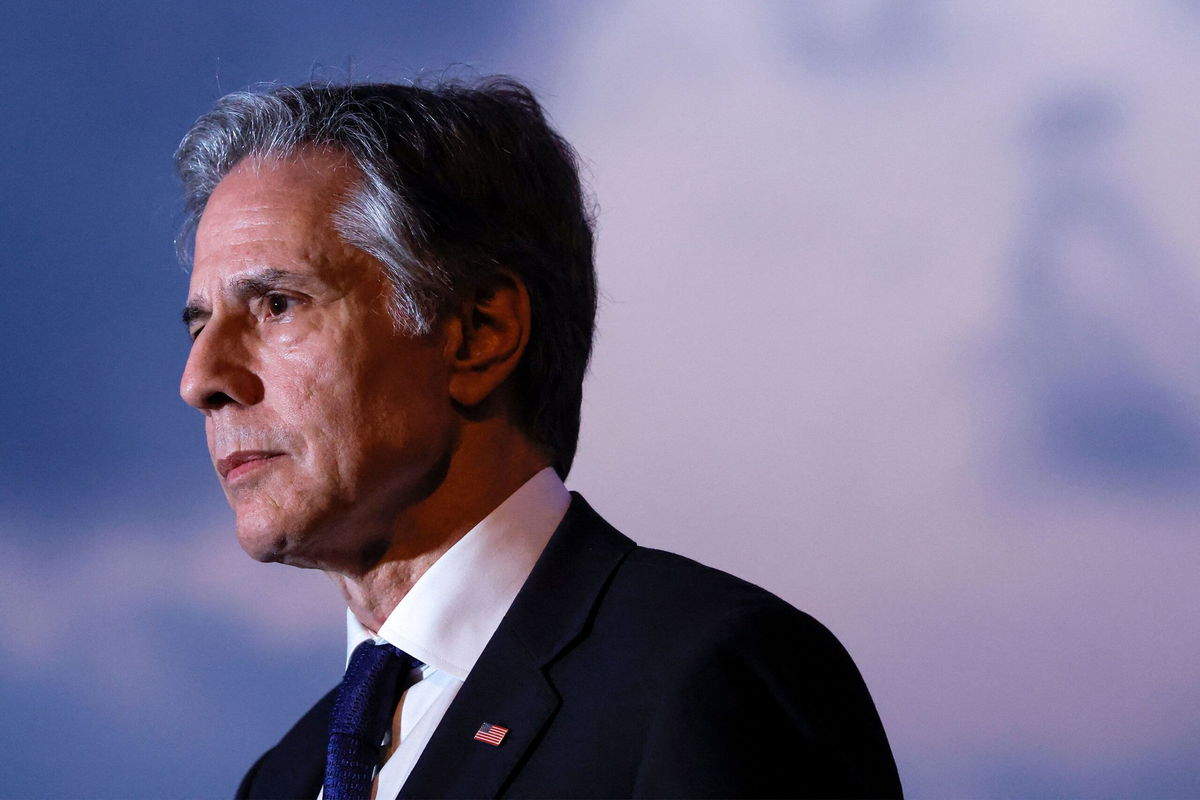 <i>Evelyn Hockstein/Pool/AFP/Getty Images via CNN Newsource</i><br/>US Secretary of State Antony Blinken speaks to the press at the port of Ashdod in southern Israel on May 1.