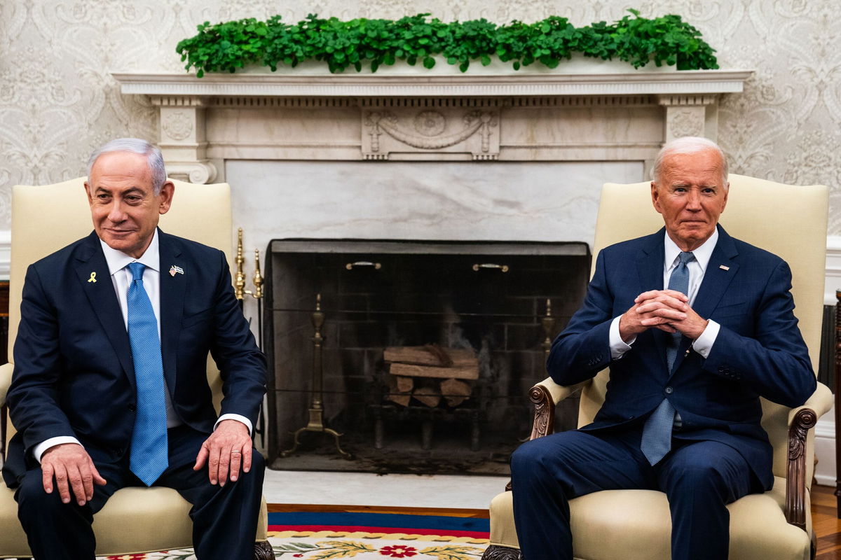 <i>Demetrius Freeman/The Washington Post/Getty Images via CNN Newsource</i><br/>US President Joe Biden with Prime Minister of Israel Benjamin Netanyahu during a bilateral meeting in the Oval Office of the White House on July 25