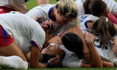 United States' Sophia Smith celebrates with team mates the opening goal during a women's semifinal soccer match between the United States and Germany.