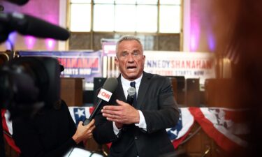 Independent presidential candidate Robert F. Kennedy Jr. speaks to the media at a Cesar Chavez Day event at Union Station in Los Angeles