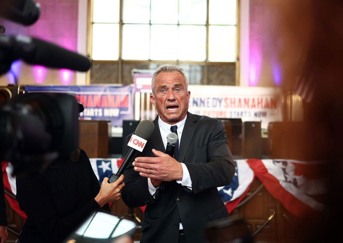 <i>Mario Tama/Getty Images/File via CNN Newsource</i><br/>Independent presidential candidate Robert F. Kennedy Jr. speaks to the media at a Cesar Chavez Day event at Union Station in Los Angeles