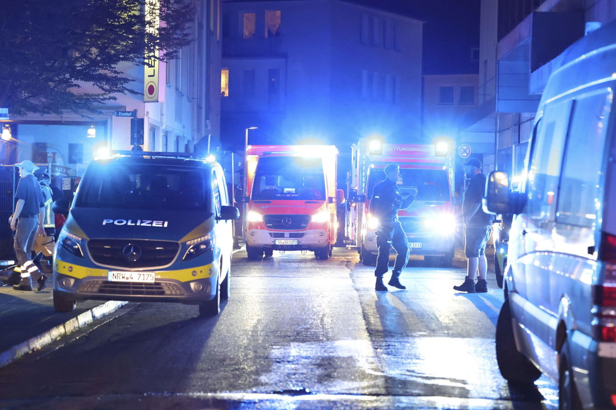 <i>Gianni Gattus/dpa/AP via CNN Newsource</i><br/>Police and ambulances near the scene where people were killed and injured in an attack at a festival in Solingen.