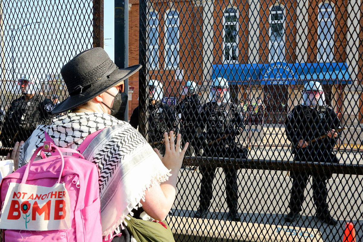 <i>Mostafa Bassim/Anadolu/Getty Images via CNN Newsource</i><br/>Pro-Palestinian demonstrators rally ahead of the Democratic National Convention (DNC) near the United Center in Chicago