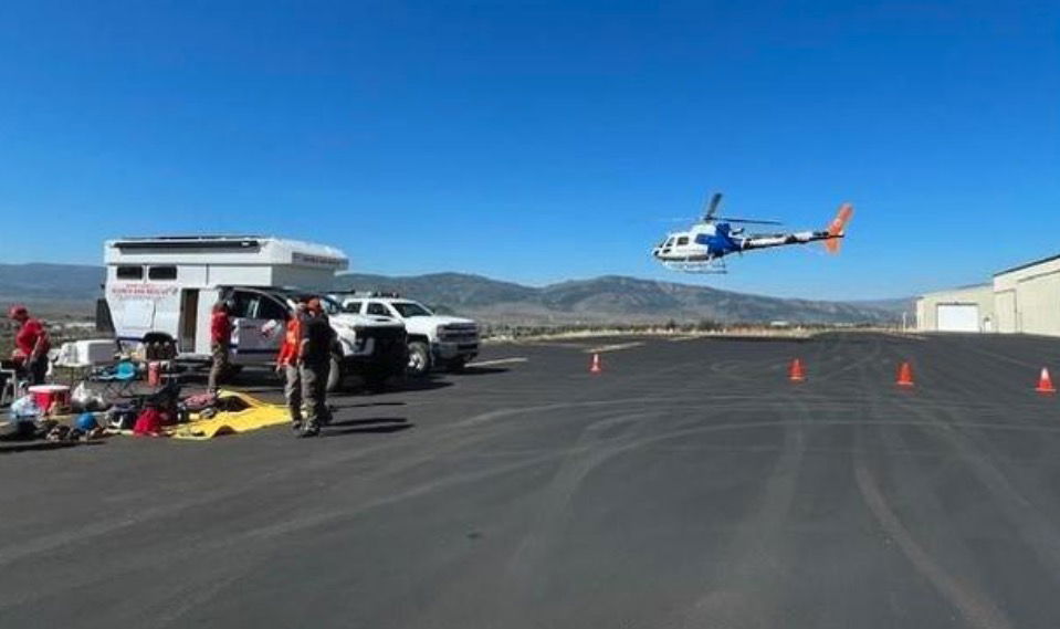 <i>Grand County Sheriff's Office via CNN Newsource</i><br/>A Med Evac helicopter takes off from the Granby Airport on Sept. 6 during recovery operations of a climber's body on Arikaree Peak.