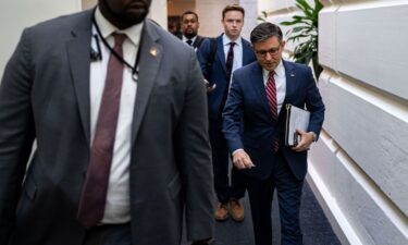 House Speaker Mike Johnson arrives for a House Republican Conference meeting at the US Capitol on September 10 in Washington