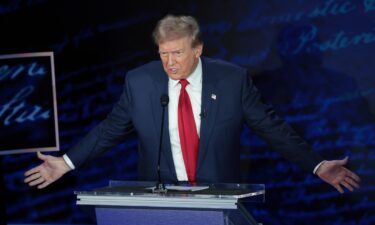 Former President Donald Trump speaks during the debate at the National Constitution Center in Philadelphia on Tuesday