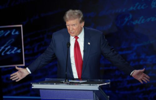 Former President Donald Trump speaks during the debate at the National Constitution Center in Philadelphia on Tuesday