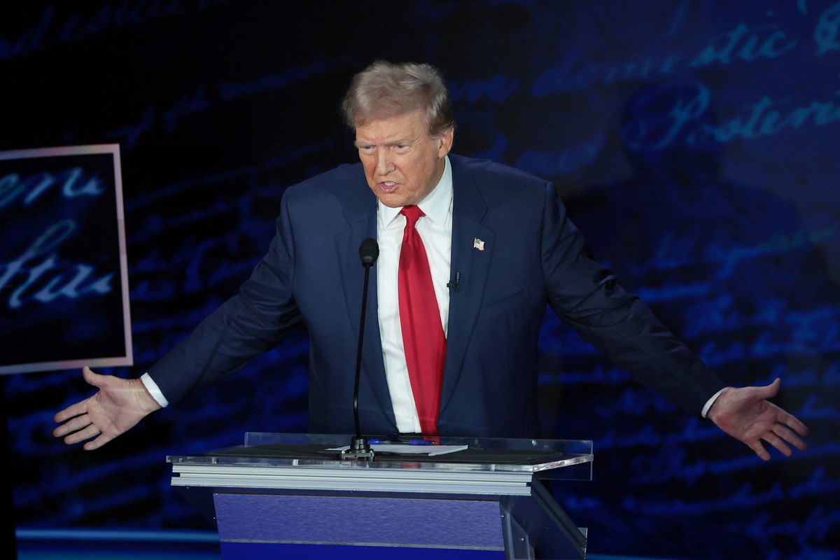 <i>Win McNamee/Getty Images via CNN Newsource</i><br/>Former President Donald Trump speaks during the debate at the National Constitution Center in Philadelphia on Tuesday