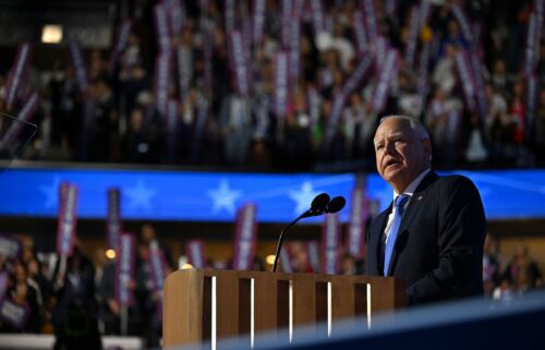 Democratic vice presidential nominee Minnesota Gov. Tim Walz speaks at the United Center during the Democratic National Convention in Chicago