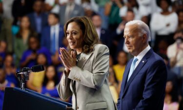 Vice President Kamala Harris gives remarks alongside President Joe Biden at Prince George’s Community College on August 15