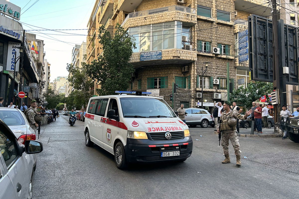 <i>Anwar Amro/AFP/Getty Images via CNN Newsource</i><br/>An ambulance rushes wounded people to a hospital in Beirut on September 17