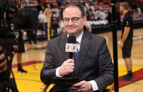 Adrian Wojnarowski reporting during the 2024 NBA Draft on June 26 at Barclays Center in Brooklyn