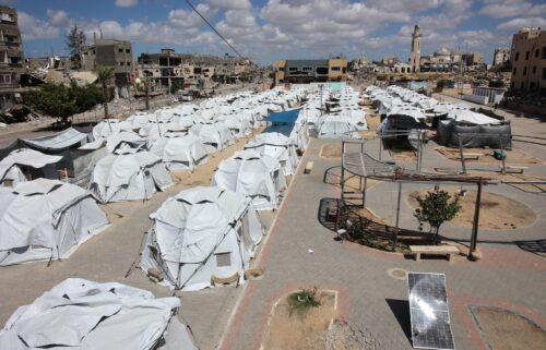 Rows of tents are set up for displaced Palestinians in Beit Lahia in the northern Gaza Strip.