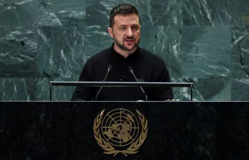 Ukrainian President Volodymyr Zelensky addresses the United Nations General Assembly in New York on September 25.