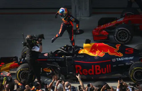 Ricciardo celebrates winning the 2018 Chinese Grand Prix with Red Bull.