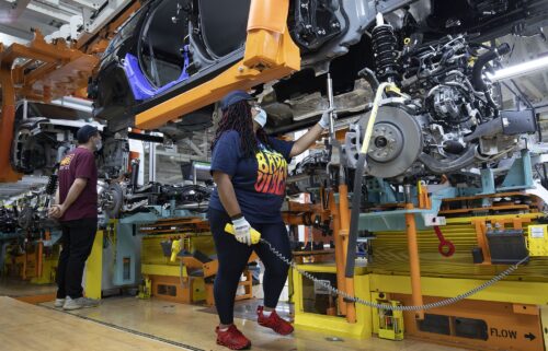 A 2021 Jeep Grand Cherokee L is assembled at the Stellantis Detroit Assembly Complex-Mack in June 2021 in Detroit.