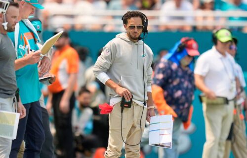 Miami Dolphins head coach Mike McDaniel watches the game from the sidelines on September 8.